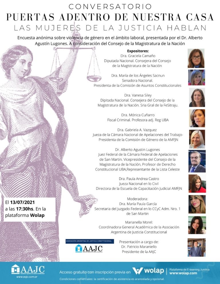 Conversatorio, «LAS MUJERES DE LA JUSTICIA HABLAN», a celebrarse el día 13 de Julio, a las 17:30 hs.